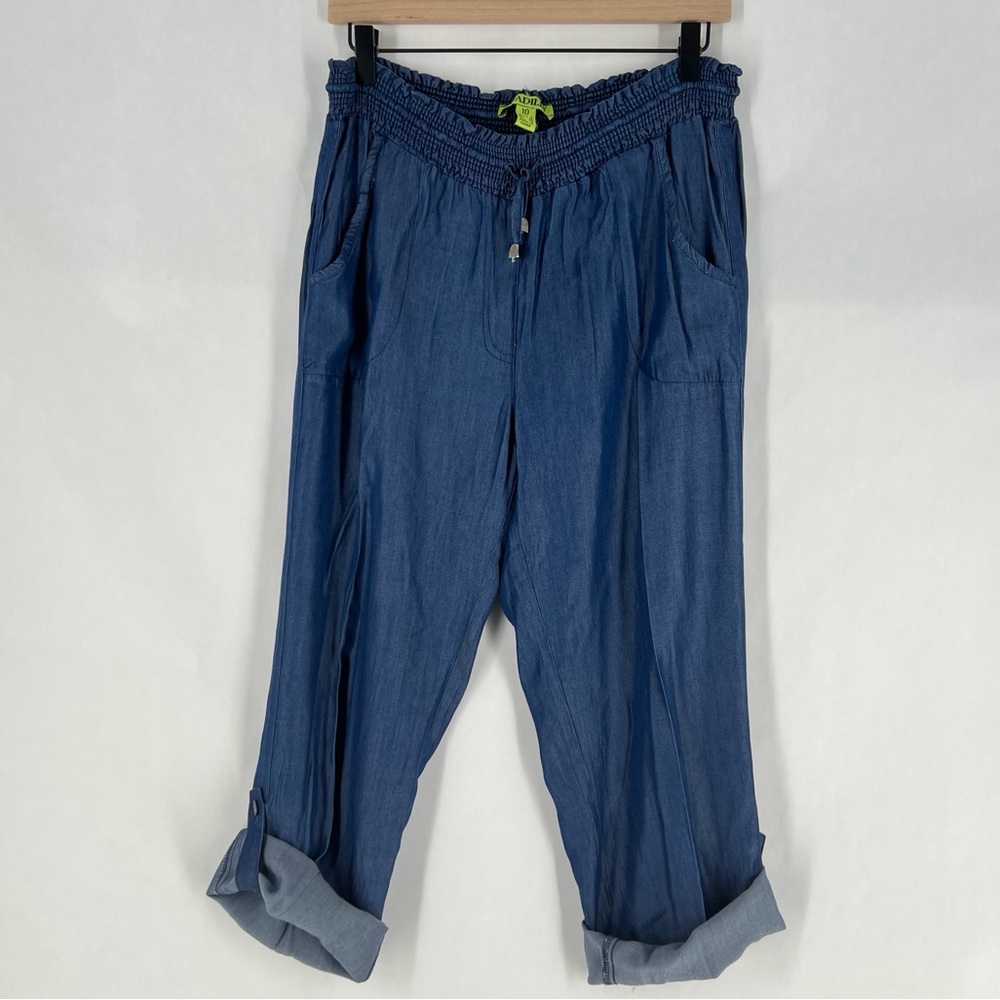 Picadilly Blue Chambray Roll Tab Straight‎ Leg Drawstring Waist Pull On Pants 10